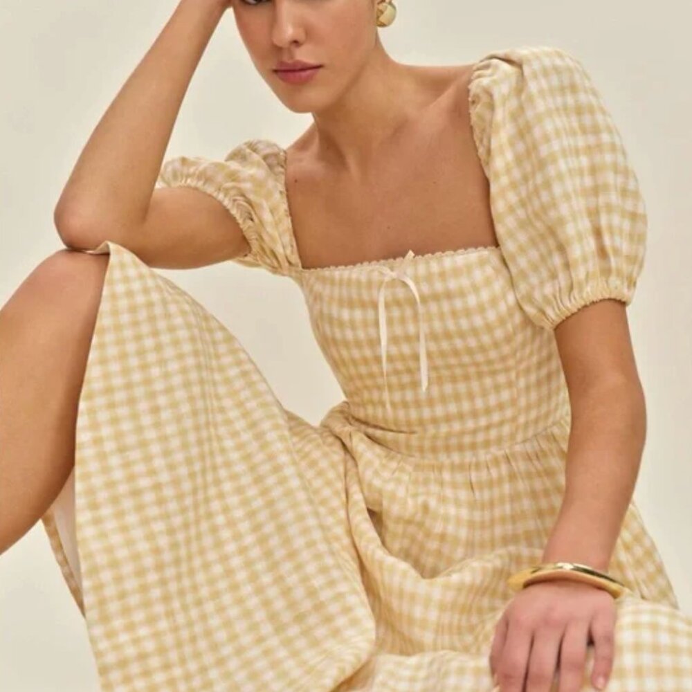 Reformation Marella Linen Dress in Sunshine Check (Size 2)